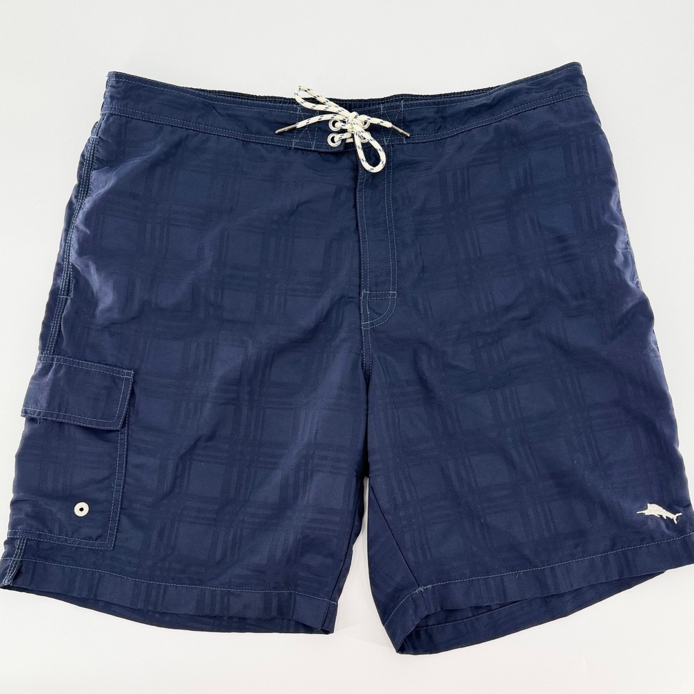 TOMMY BAHAMA RELAX Mens Navy Blue Plaid Cargo Board Shorts Swim Trunks XL